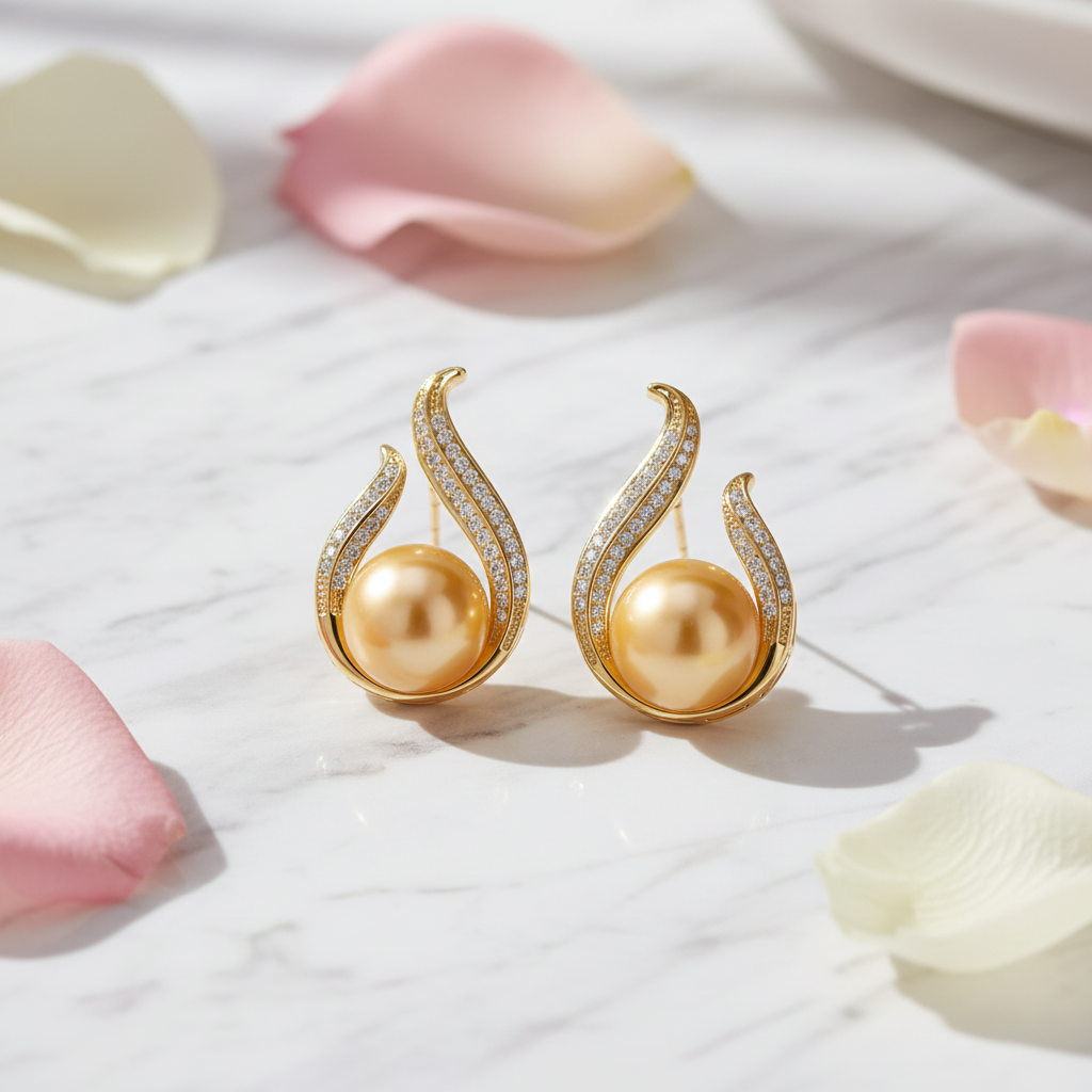 Gold Pearl Earrings on Marble